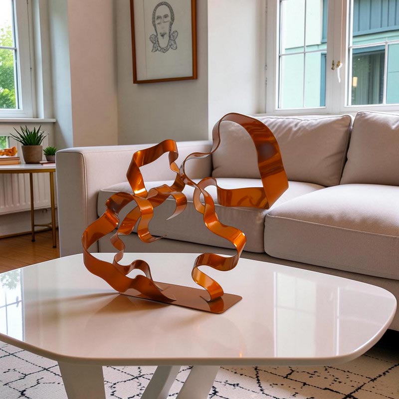 Sculpture abstraite acier 3 rubans orange 25 cm ND-VIA-25-3RUB-25CM-ORANGE situation