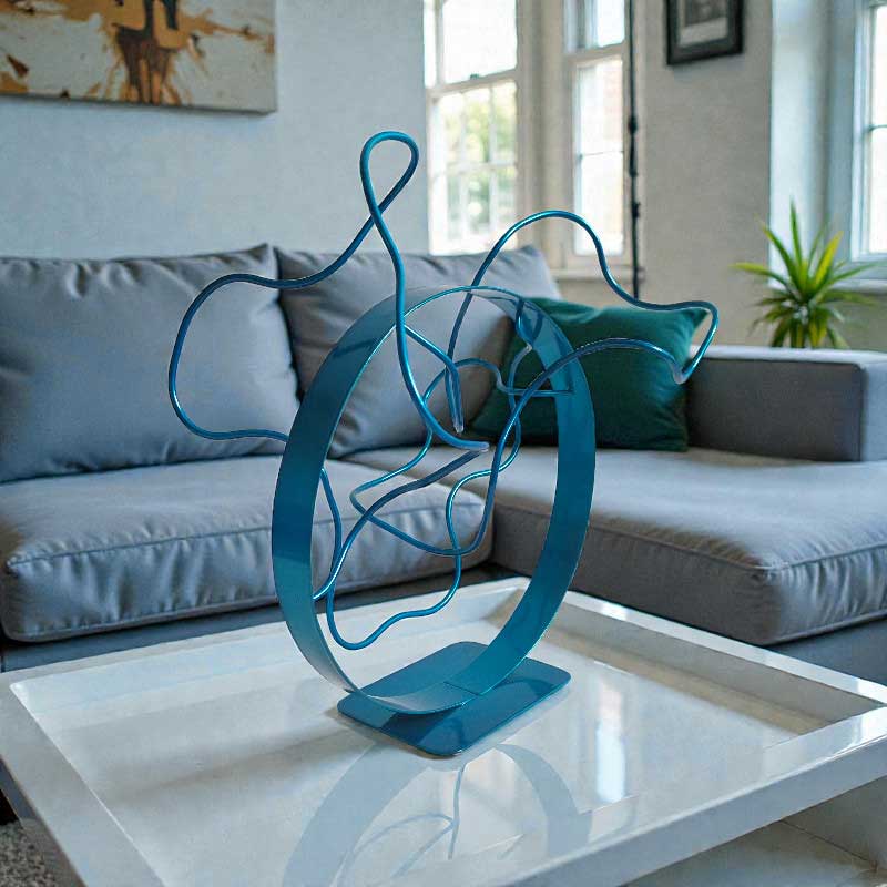Sculpture ruban abstraite acier cercle et fil turquoise 28 cm ND-VIA-25-FIL-ROND-28-CM-TURQUOISE situation
