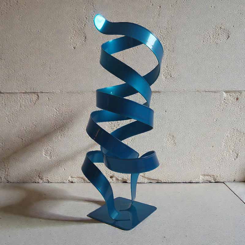 Sculpture ruban abstraite acier double spirale turquoise 35 cm ND-VIA-25-2SPI-35-CM-TURQUOISE profil